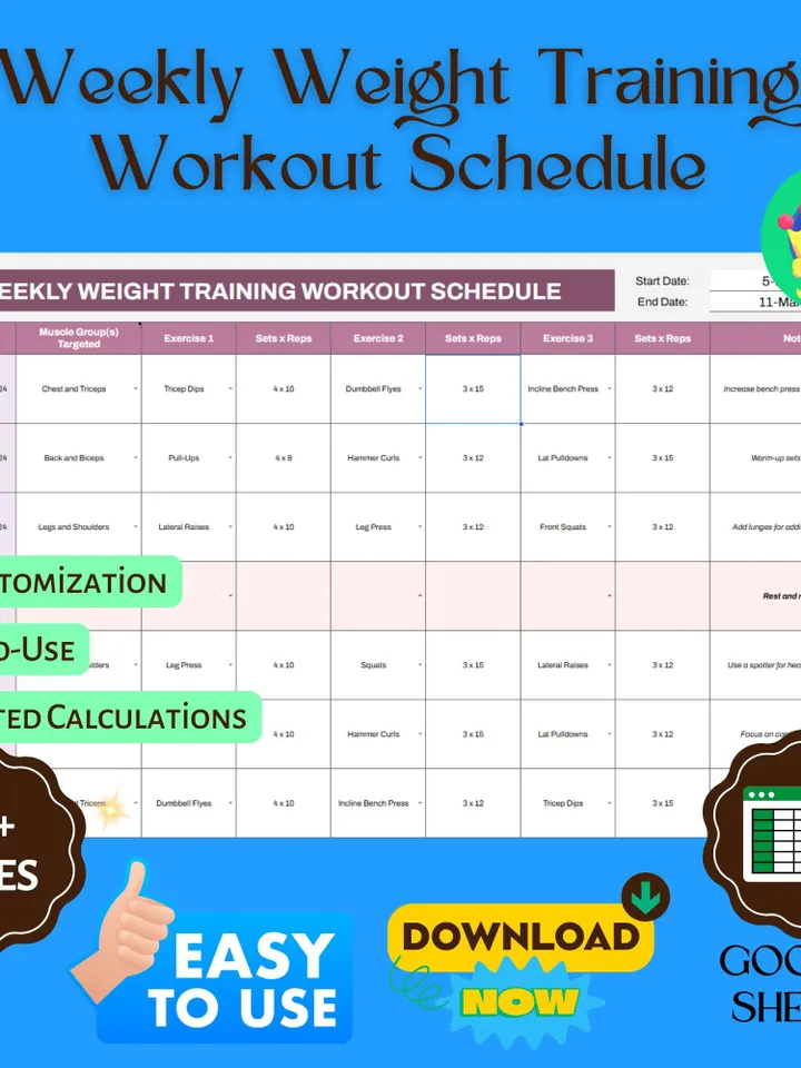 Weekly Weight Training Workout Schedule Template, Editable Google Sheets, Digital Download for Strength Training & Fitness Tracking
