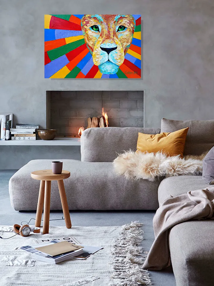 Lion Painting Abstract Original Art Animal Rainbow Wall Art Impasto Painting On Canvas Colorful 16" x 24" By Colibri Art