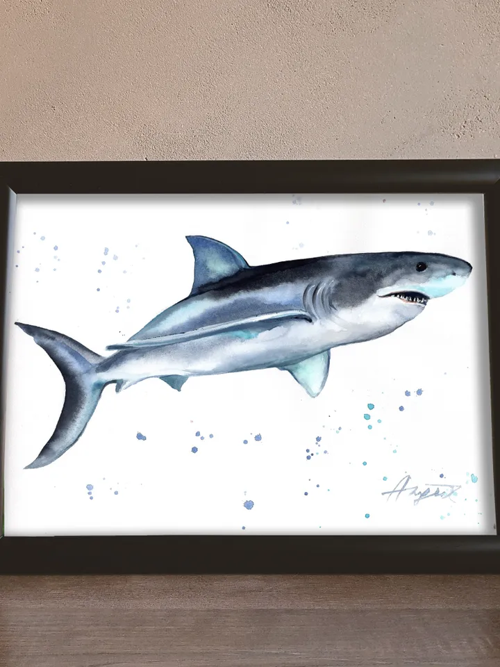 Shark Original watercolor, fish painting, wall decor, 8x11 in hand-painted watercolor art by Anne Gorywine
