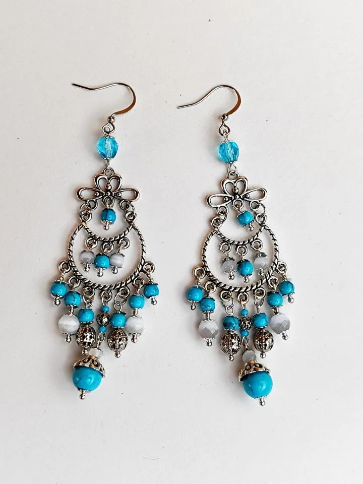 Blue beaded earrings ethnic chandelier dangle earrings