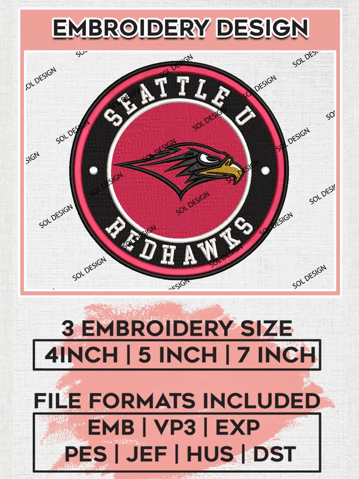 NCAA Seattle U Redhawks Round Logo Embroidery, NCAA Seattle U Redhawks Logo Embroidery files, NCAA Teams, Machine embroidery designs, Digital Download