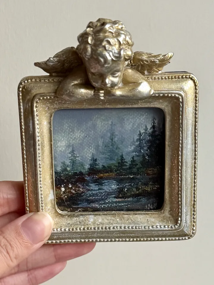 Small Landscape Painting Framed Original Foggy Cliff Painting Antique Misty Art Coastal Gold Frame Tiny Paintings 4 x 4 Art Victorian artwork