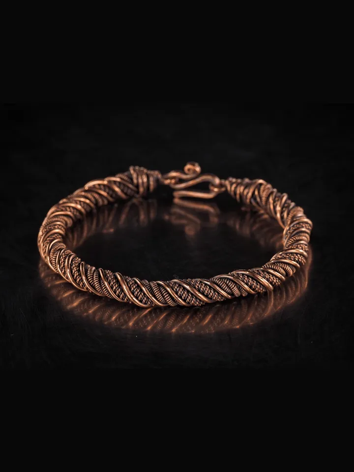 Narrow wire wrapped copper bracelet Unique metal bangle Handmade jewelry