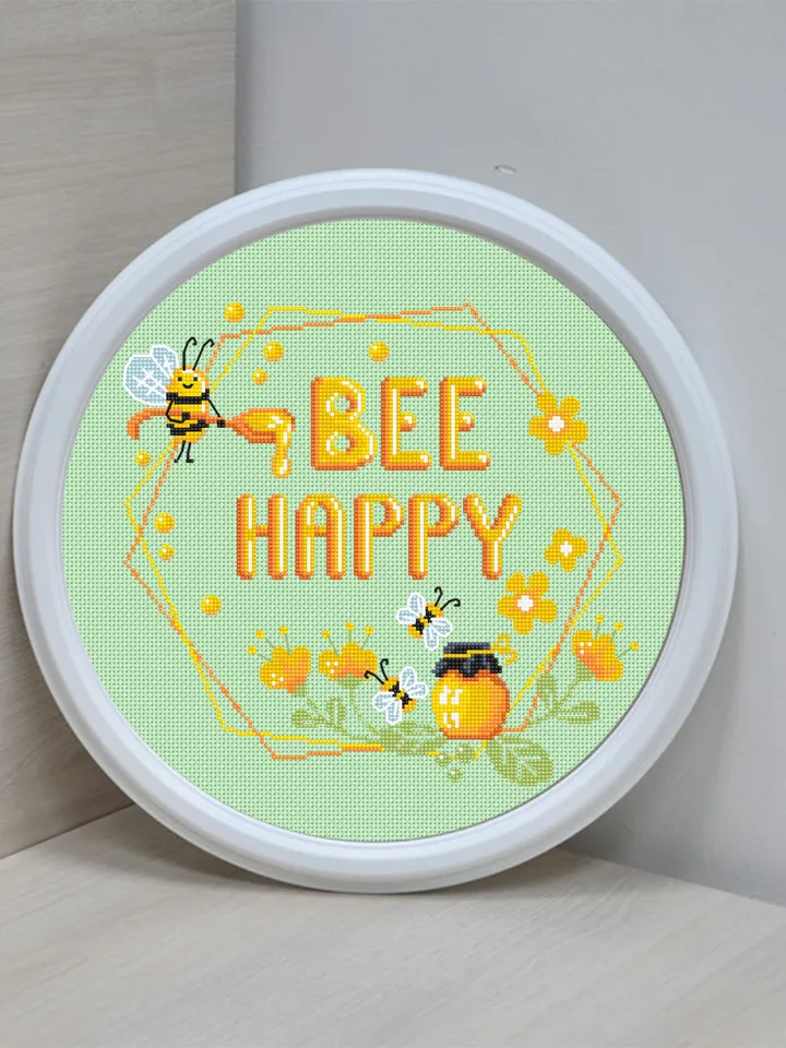 Honey bee cross stitch digital PDF pattern Bee Happy cross stitch Quote Floral wreath xstitch chart Easy begginers embroidery Bee decor #Q47