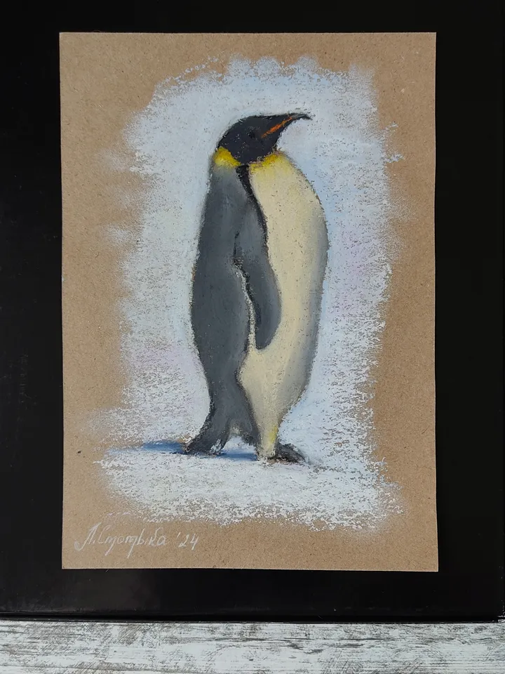 Penguin. Original oil pastel painting.