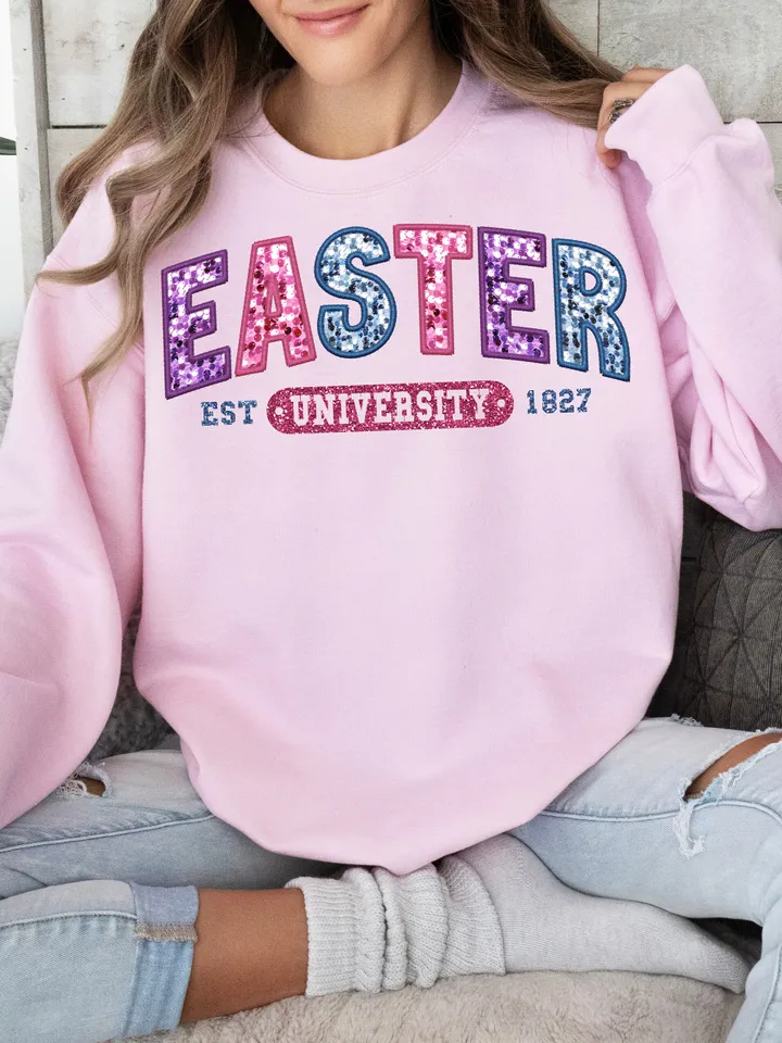 Trendy Easter University, Embroidery Sparkly, Faux Sequins, Easter Png, Cute Easter Day Shirt, Trendy Easter Day Png, College Sublimation