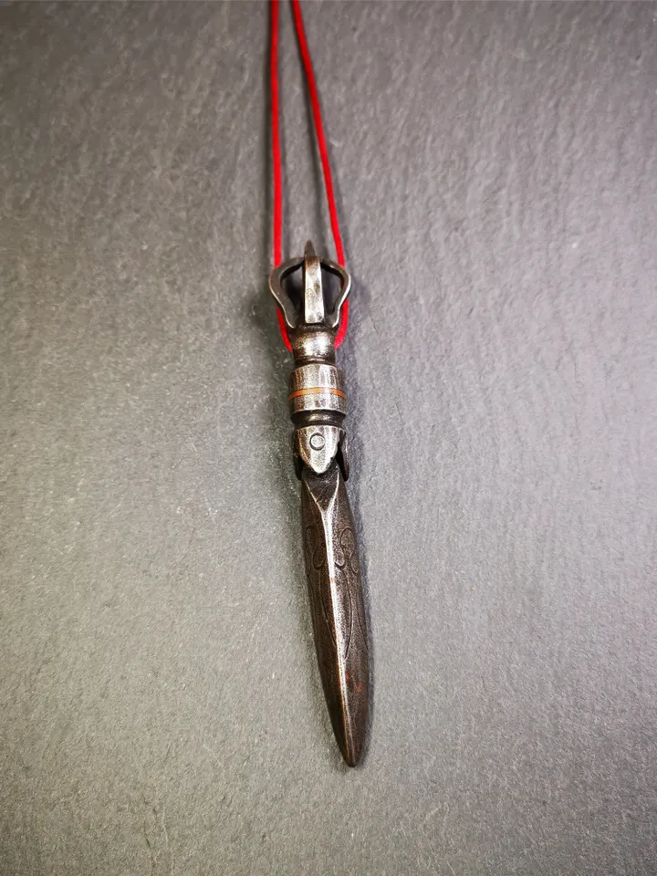 Gandhanra Handmade Tibetan Buddhist Ritual Implement - Kila -Dorje Phurba,Made of Cold Iron inlaid with Copper,3.9"