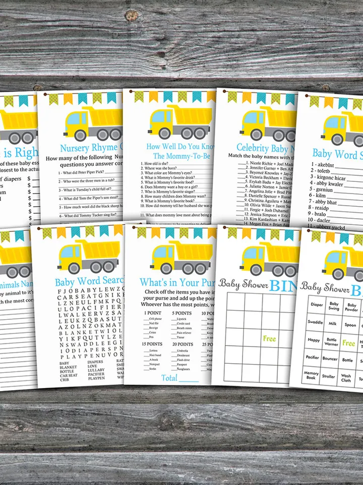 Construction baby shower games bundle,Dump truck Baby Shower games package,Fun Baby Shower Games,9 Printable Games-376