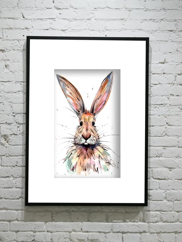 Original watercolor hare, animal painting, room decor, animals lover gift, 8x11 in bunny art with splashes and streaks of watercolor by Anne Gorywine