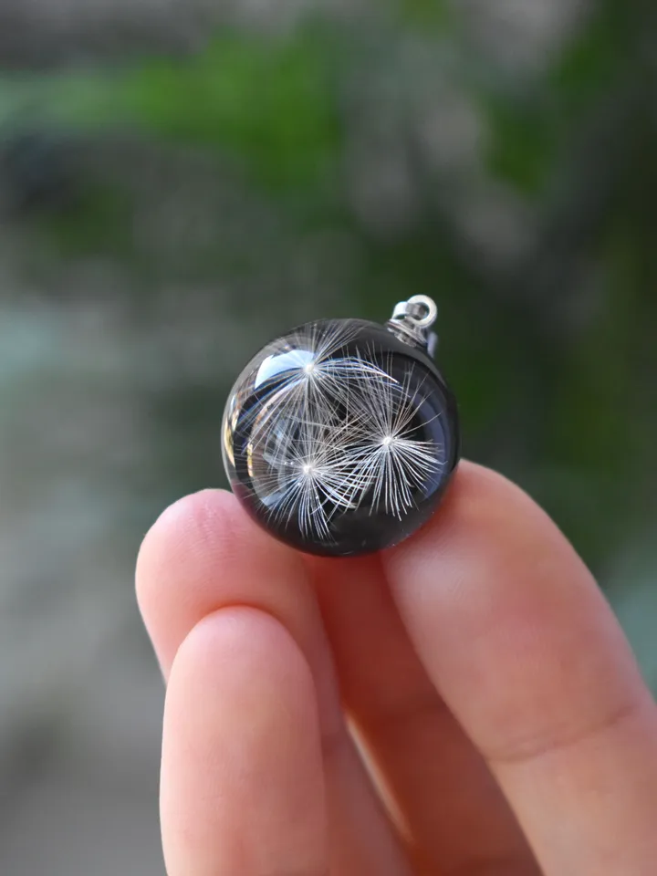 Real dandelion fluff pendant. A dandelion necklace. Transparent sphere pendant.
