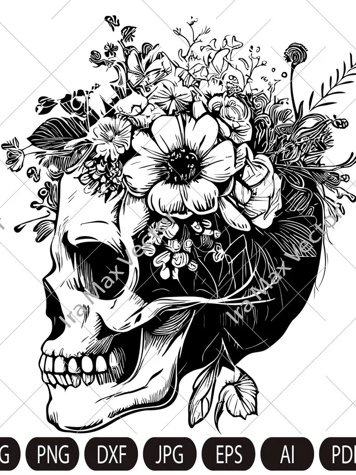 Skull svg file, Flower Skull svg, Skull cut file, Floral Skull svg file, Sugar Skull Svg file, skull flower crown, halloween, gothic, goth