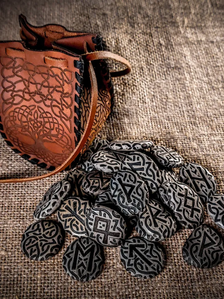 Celtic Scandinavian Stone Runes. Leather Bag. Elder Futhark. Viking Rituals. Yggdrasil. Norse World Tree. Tree of Life. Magic Symbol.