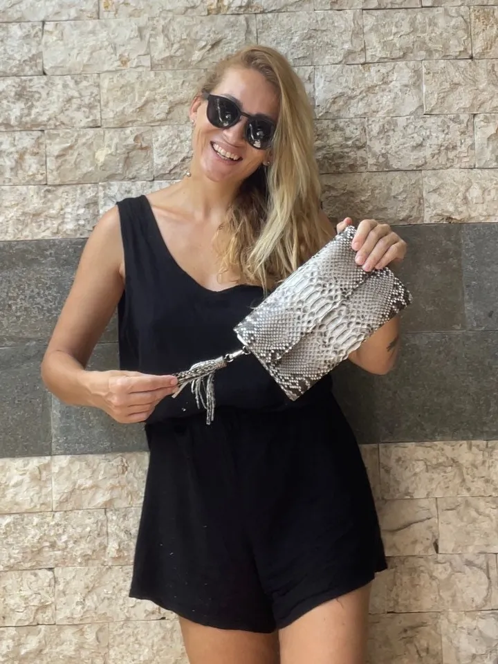 Genuine python skin classy grey flat clutch with shoulder chain | elegant evening women purse | designer leather bags | small snake bag
