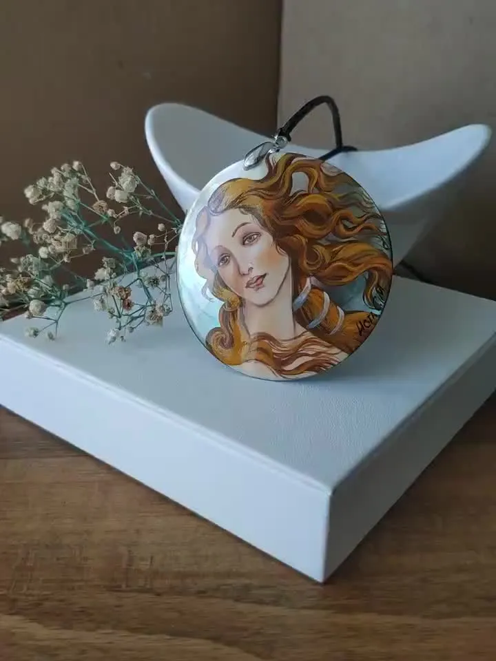 Pearl pendant necklace: The Birth of Venus by Sandro Botticelli painted on aesthetic pendant • Elegant dainty jewelry for cocktail party