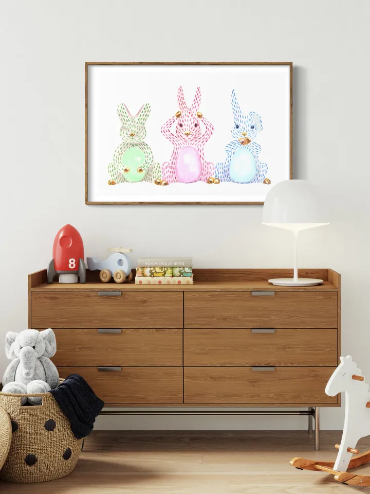 Rabbit Easter Chinoiserie Watercolor Painting Print Easter Bunny Rabbit Gift Print Rabbit Poster Cute Bunny Print Easter Egg Gift Wall Print