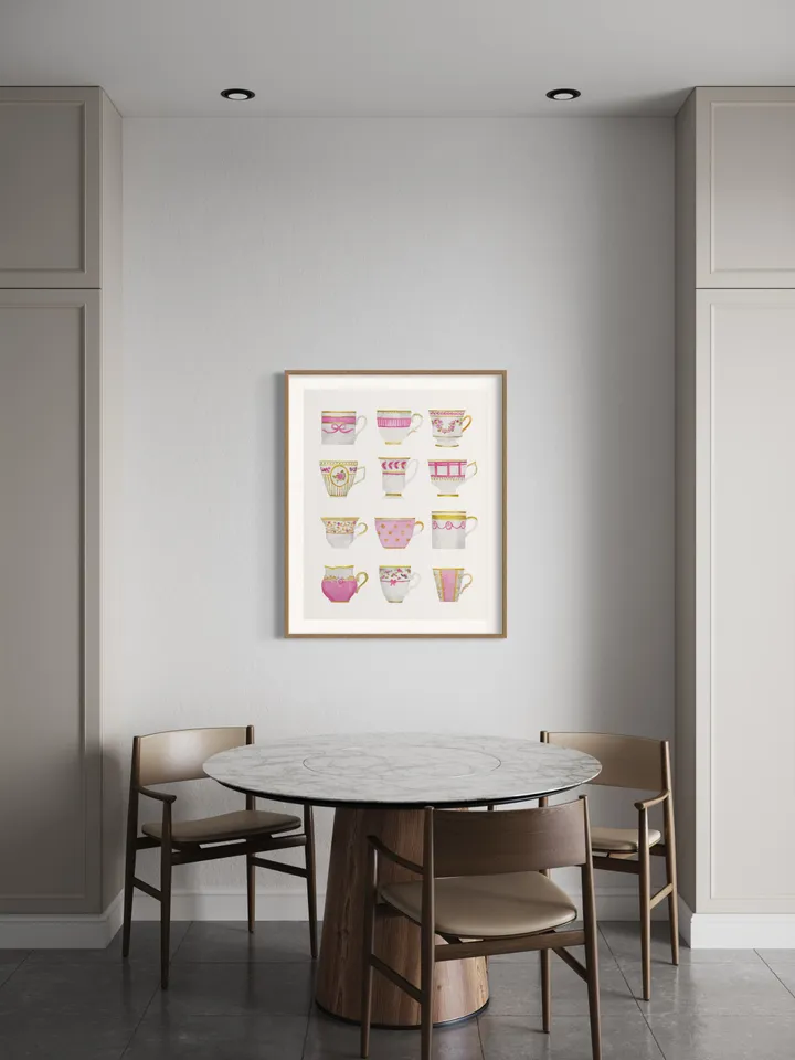 Pink Tea Cups Print, Watercolor Painting, Tea Art, Gift For Tea Lovers, Kitchen Art, Vintage Tea Cup Art, Tea Watercolor, Tea Gift, Cup Art