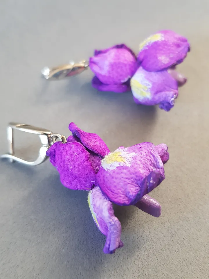 Iris leather earrings for her, Leather jewelry, 3rd anniversary gift for wife