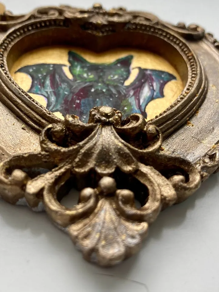 Bat Painting Small Framed Art Goth Painting Bat Gifts, Mini Gold Framed Decor, Cat Bat, Black Cat Art, Tiny Art Whimsigoth Decor
