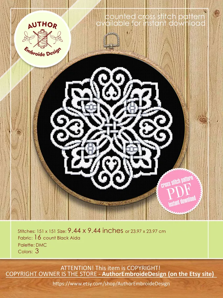 Mandala celtic cross stitch pattern PDF download, Easy mandala cross stitch chart, Celtic embroidery PDF, Celtic knot pattern #M196