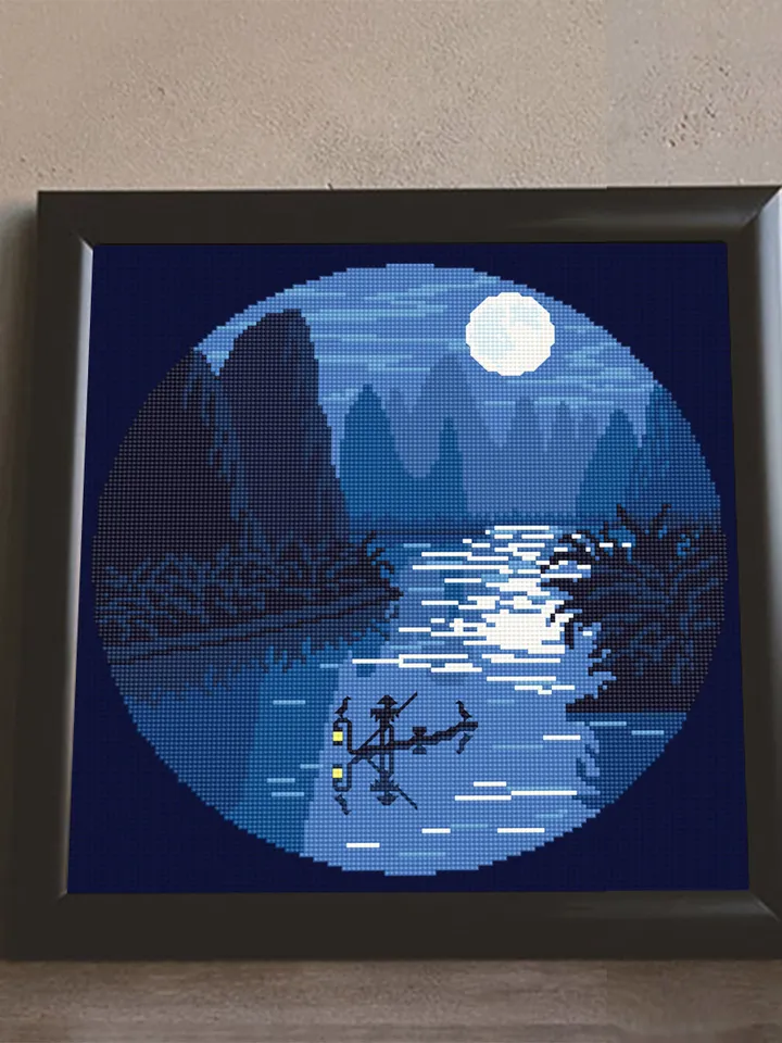 Night nature cross stitch pattern download PDF Chinese landscape cross stitch chart Boat on the river embroidery PDF Nature lover gift #L16
