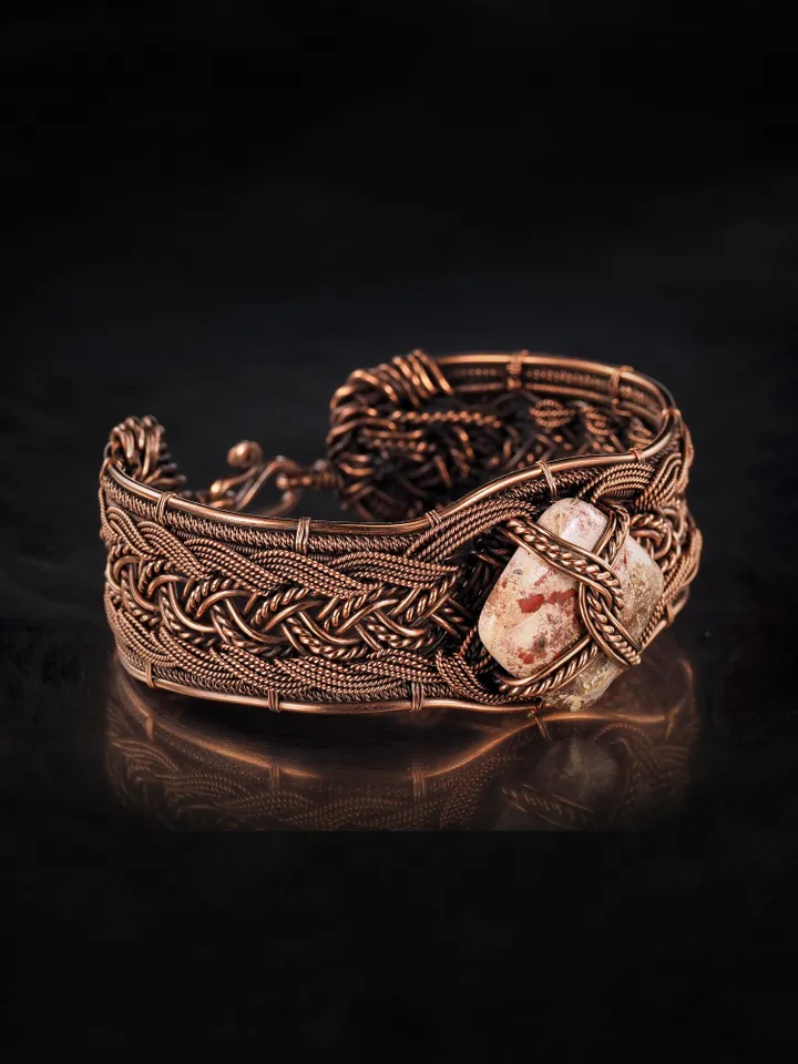 Copper wire wrapped jasper bracelet Unique woven copper wire bangle