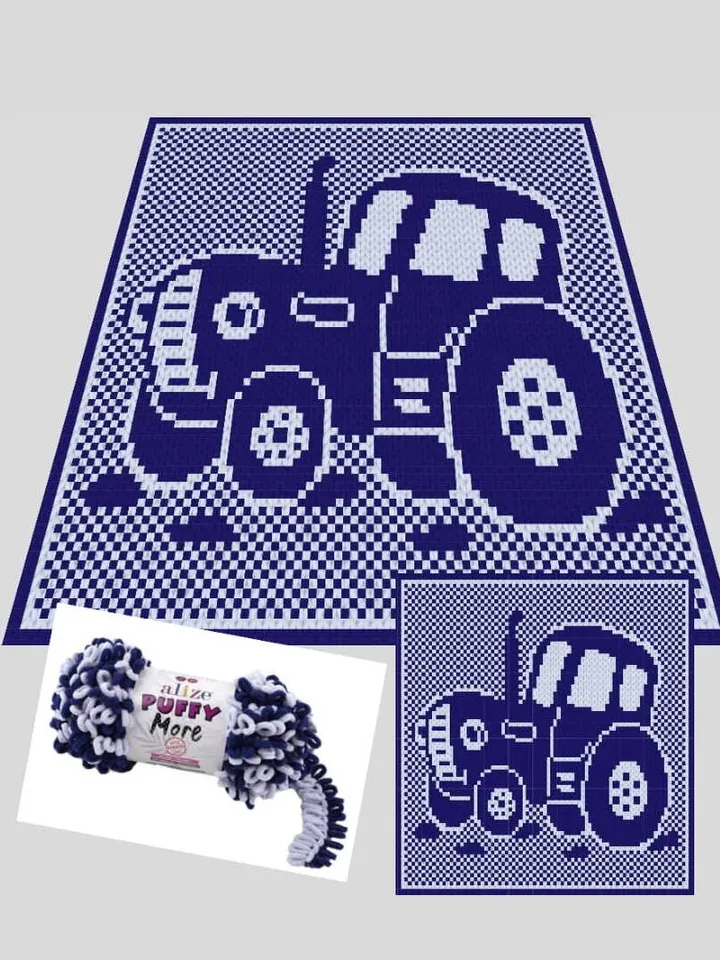 Loop yarn Finger knitted Tractor blanket pattern