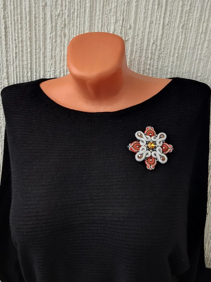 Beaded brooch, orange brooch, gold brooch flower, Embroidered soutache brooch, royal cross brooch
