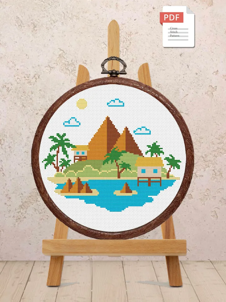 Mountain Landscape Cross Stitch Pattern, Island Cross Stitch, Embroidery Travel, Travel Cross Stitch Pattern, Modern Cross Stitch #trl003