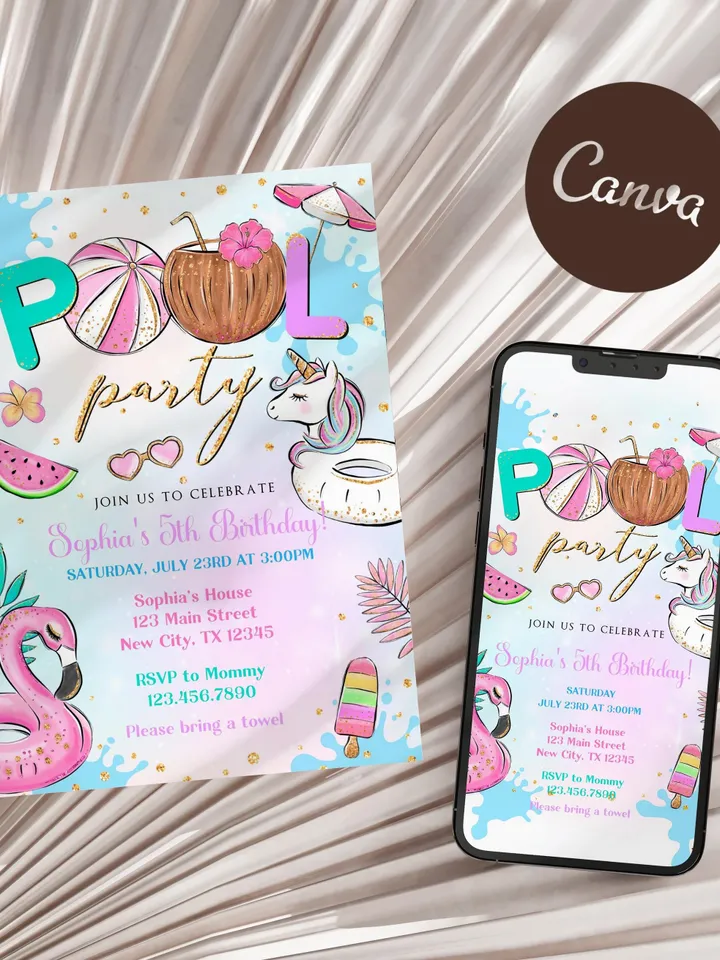 Pool Party Invitation Girl, Pool Party Unicorn Invitation Instant Download, Swimming Party Invite, Canva Editable Template
