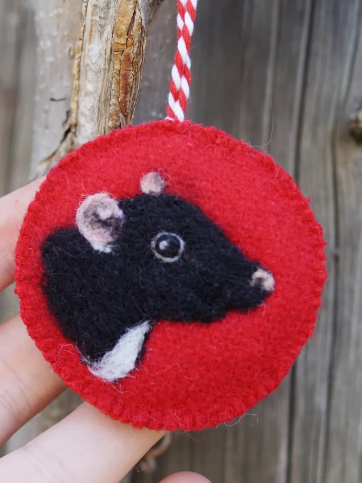 rat Christmas ornament, pet portrait, black and white rat, needle felted rat, made to order