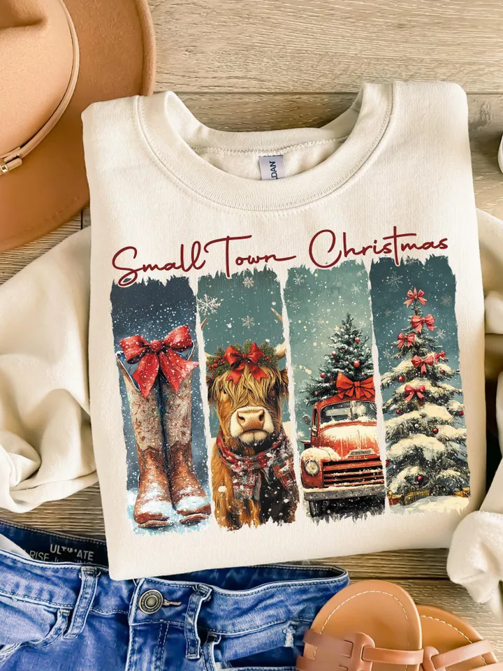 Vintage small town christmas PNG, Cowgirl Png, Small town girl Christmas PNG, highland cow Christmas png, Christmas western png