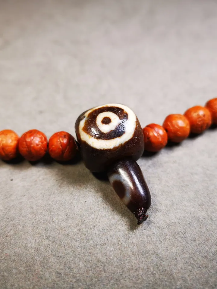 Gandhanra Old 2 Eyed Dzi Guru Bead,T-drilled 3-Hole Mala Bead, Prayer Bead,Connector Bead for Buddhist Bead