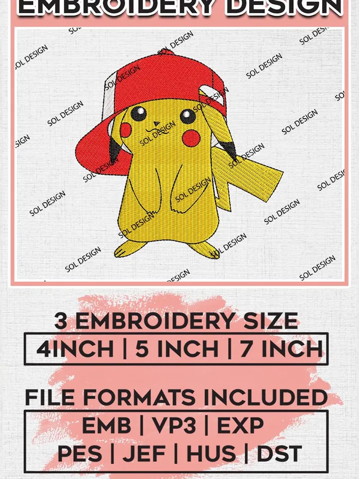 Pikachu Red Cap Embroidery Design, Pokemon Anime Embroidery File, Machine Embroidery Pes Files, Digital Download EMB_ANIME_111