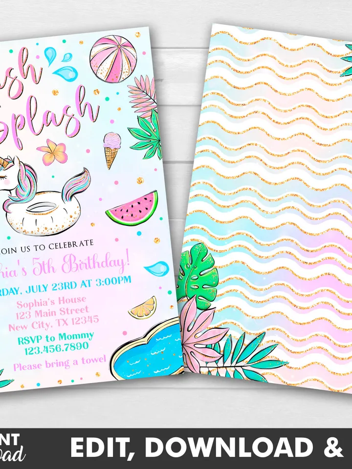 Splish Splash Birthday Invitation, Unicorn Pool Party Invitation Girl, Splash Pad Invitation Instant Download Editable Template