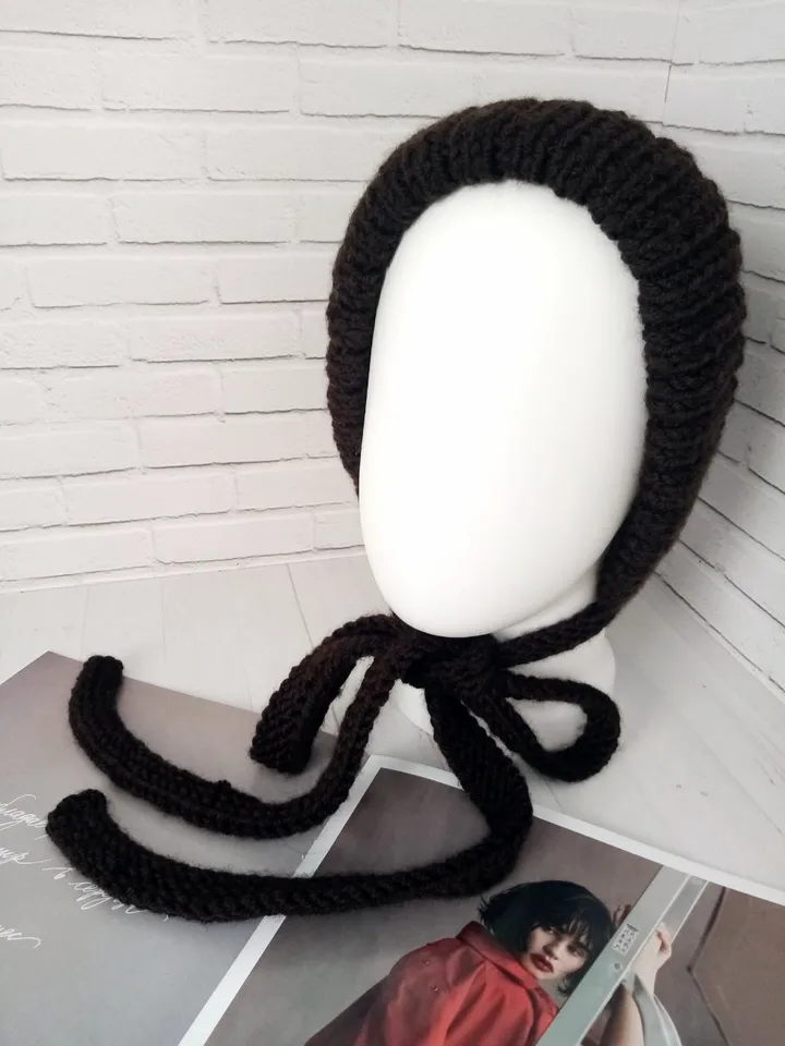 Warm Knitted Cap with Long Ties Handmade