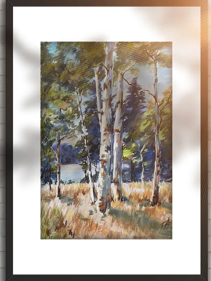 Pastel Birch Trees Painting 9.5x12 – Tranquil Forest Landscape on Pastelmat by IrenFantasyArt