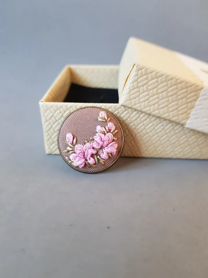 Ribbon embroidered brooch for her, hand embroidery jewelry