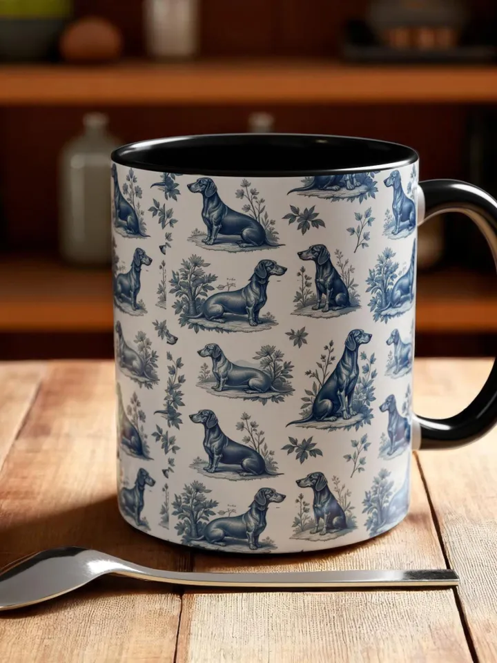 Dachshund French Toile de Jouy Ceramic Mug, Toile Coffee Cup for Doxie Mom, Sausage Dog Lover Gifts, Dog Tea Drinkware, Gift For Dog Lovers