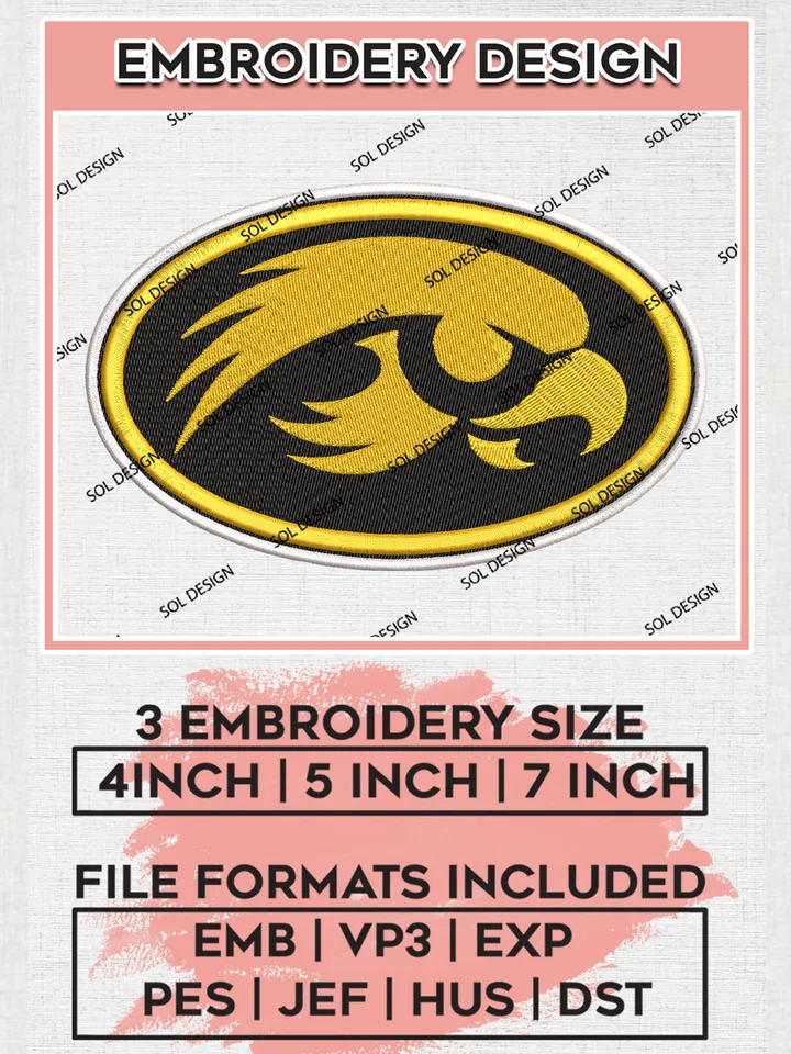 Iowa NCAA College Team Mascot Logo Embroidery Design Files, NCAA Iowa Hawkeyes Machine Embroidery, NCAA Teams, 3 sizes, NCAA Machine embroidery designs, Digital Download