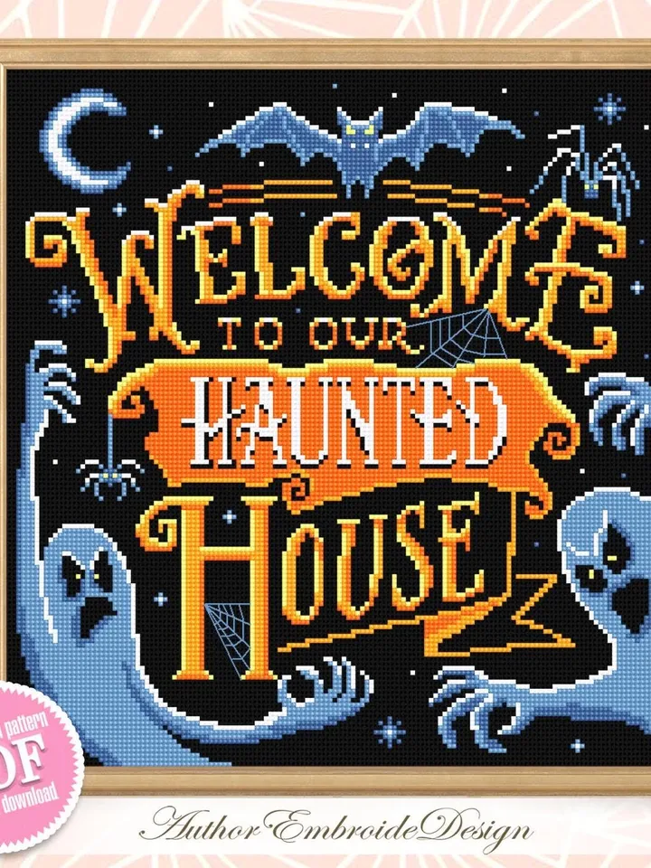 Halloween quotes cross stitch pattern download PDF Spooky ghost cross stitch chart Welcome to our haunted house, Halloween cross stitch #H81