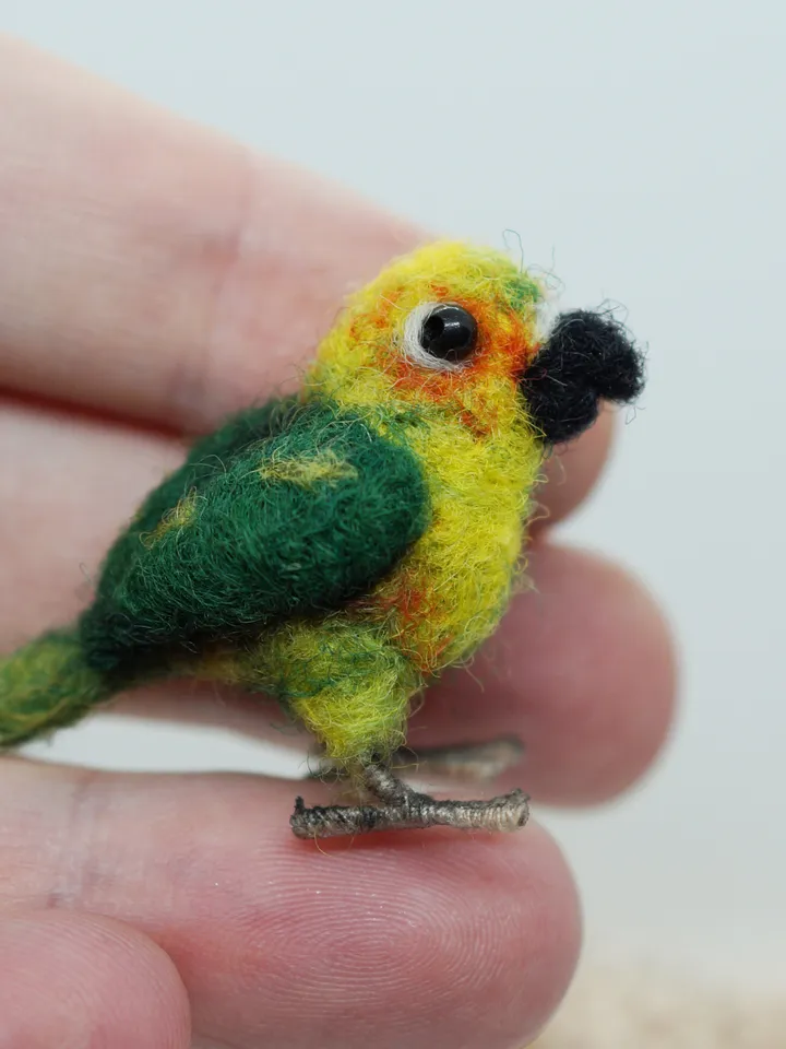 Miniature needle felted Jenday Conure, miniature parakeet, tiny parrot, made to order