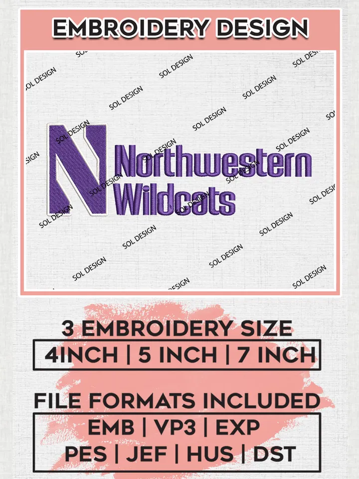 NCAA Northwestern Wildcats Team Word Logo Embroidery Design Files, NCAA Northwestern Wildcats Machine Embroidery, NCAA Teams, 3 sizes, NCAA Machine embroidery designs, Digital Download