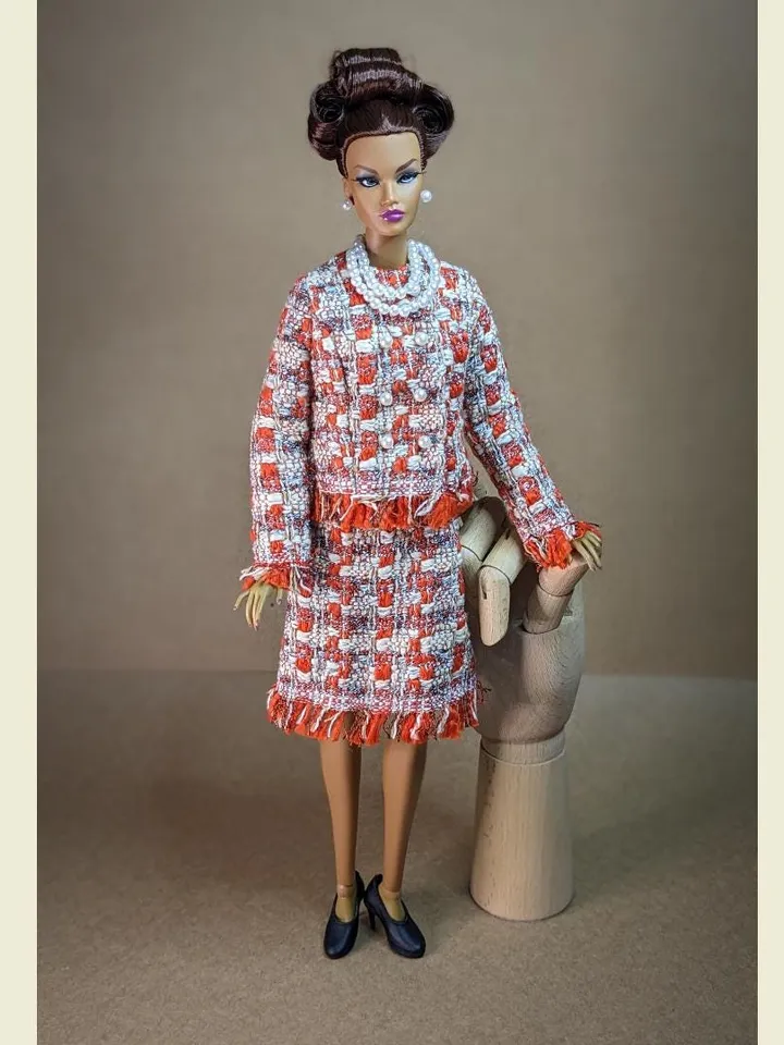 Handmade red & white bouclé suit with pearl clasps for 16-inch Fashion Royalty dolls (FR16)