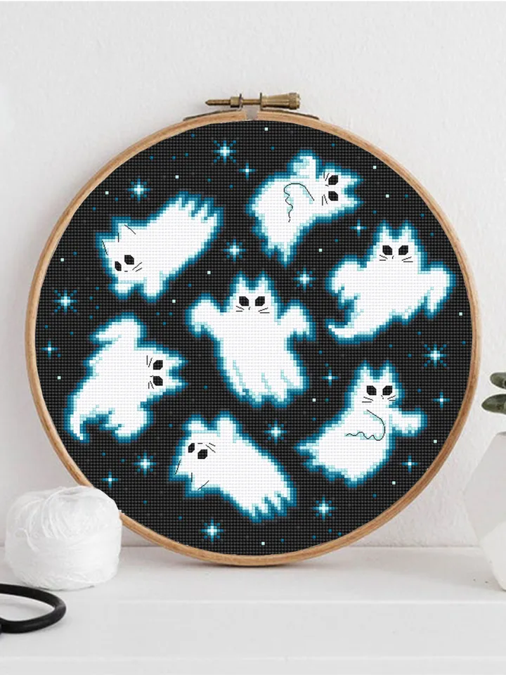 Ghost cat cross stitch pattern PDF download Funny cat ghost cross stitch chart, Halloween embroidery decor, Halloween Cat for cat lover #H66