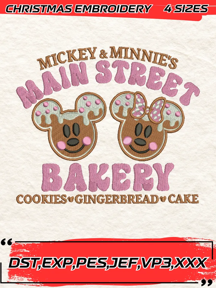 Mickey And Minnie Main Street Bakery Christmas Gingerbread Embroidery Design,Christmas Embroidery Design,4 Sizes, Digital Download