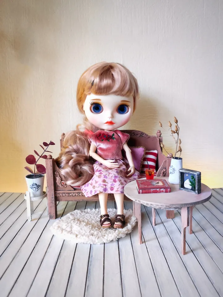 Dollhouse Furniture Set with Pink Sofa and Accessories for dolls scale 1/6