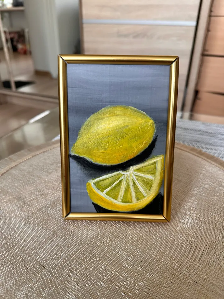Oil Painting Lemons Still Life Fruits Citrus Fruits Food Nature Cardboard 15x10 cm 6x4 inches Wall Decor In a gold frame