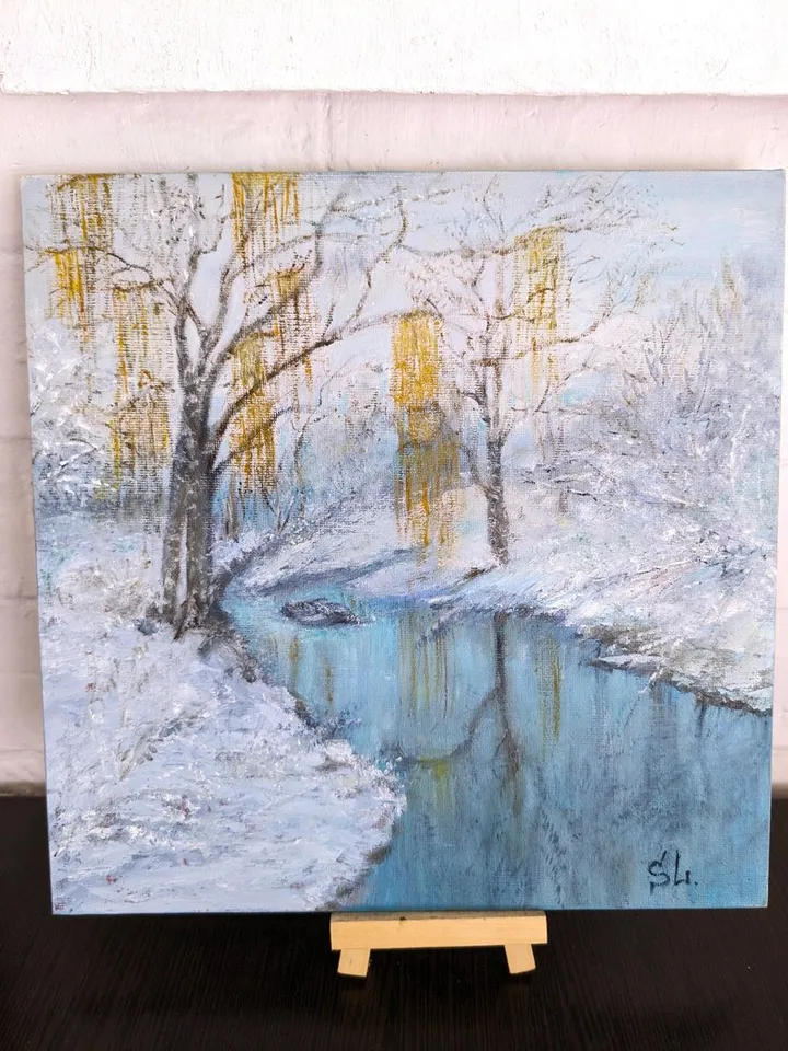 Painting Winter landscape with birches, Dawn River Reflection
canvas on cardboard 10x10 inches, oil paints