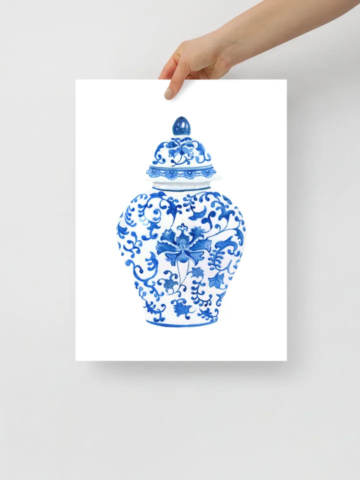 Chinoiserie Vase Watercolor Painting Blue And White Ginger Jar Art Vintage Chinoiserie Print Modern Wall Art Gifts For Her Living Room Print