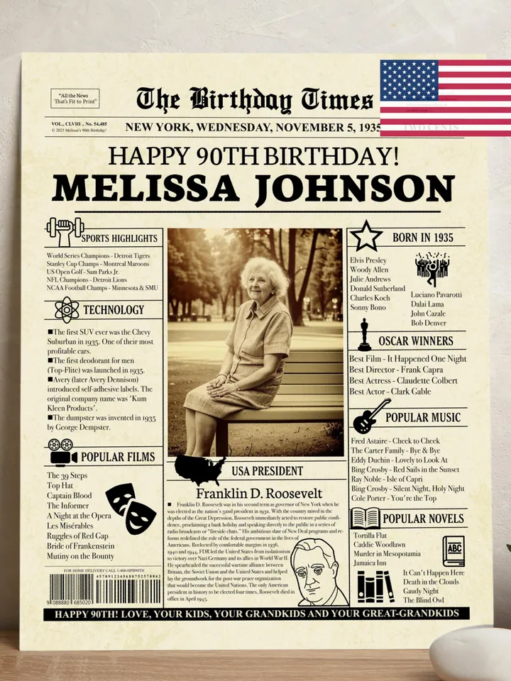 90th Birthday Newspaper Poster, Personalized 90th Birthday Gift, Vintage 1935 Birthday Sign, 90th Birthday Decorations, Back in 1935 - USA